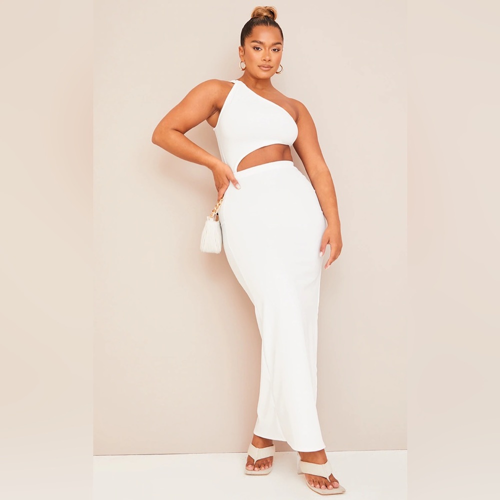 NWT- PLT Shape Cream One Shoulder Ruched Cut Out Extreme Split Maxi Dress